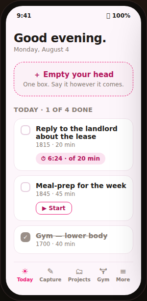 Bowline home screen with the day's timed block